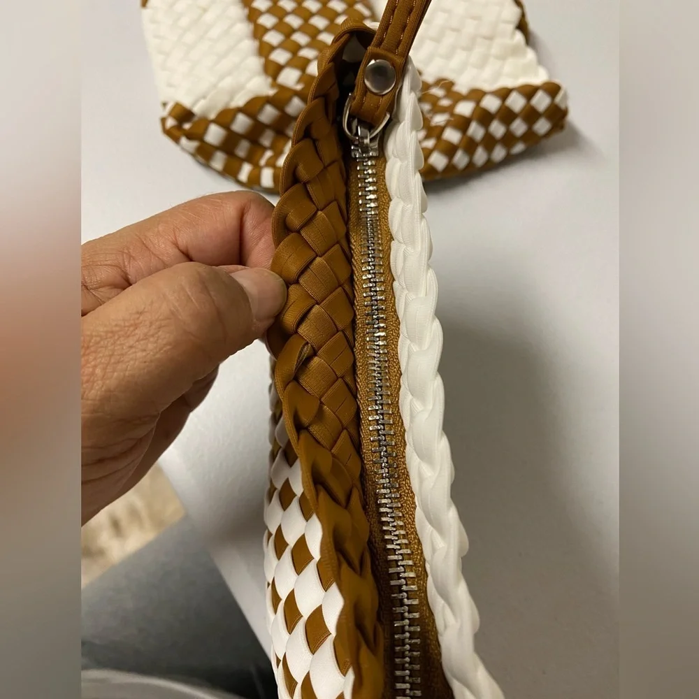Brown and White Woven Tote Bag Set